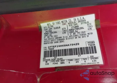 1995 Ford F150 z USA, uszkodzony, nr VIN 1FTEF14HXSNA75420